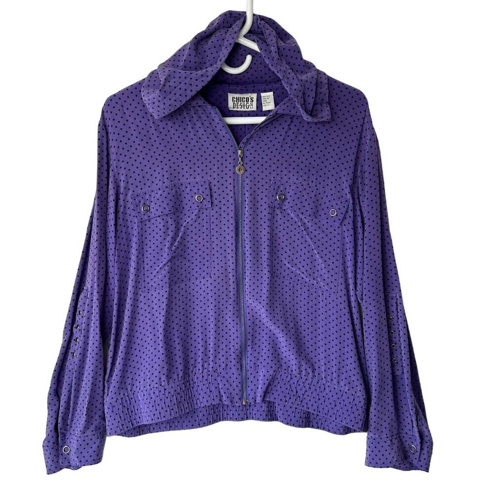 Chicos Design Silk Purple Polka Dot Zip Up Hooded Lightweight Jacket Size L (2)